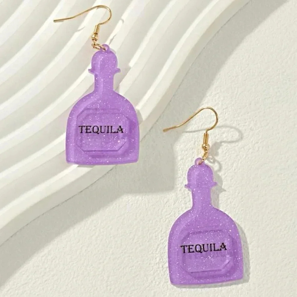Bottle Shaped Purple Glitter Acrylic Hook Dangle Earrings NEW